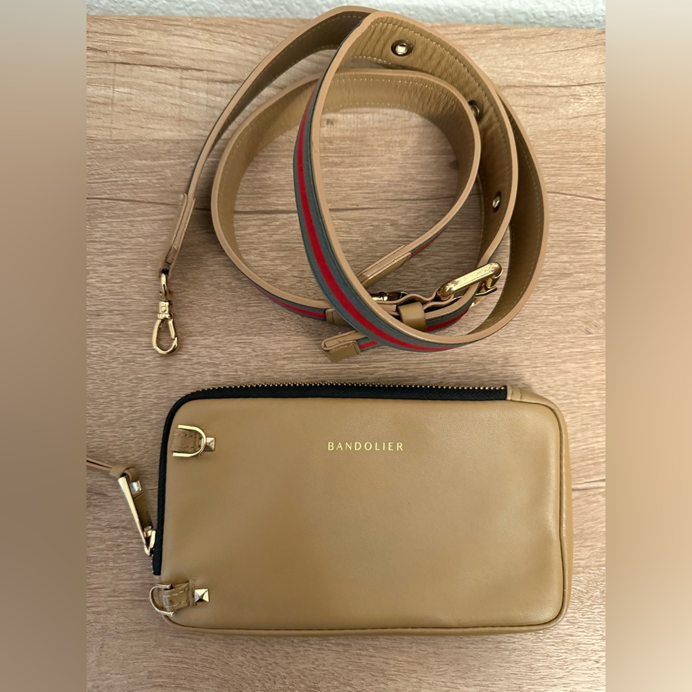 Bandolier Beige Crossbody with Red and Green Strap and pouch